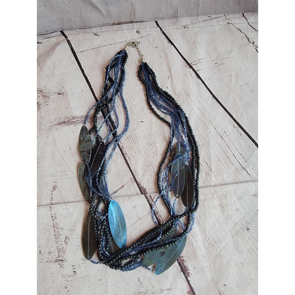 Earthy Boho Style Chunky Double Strand Beaded Shell Necklace Blue Tones